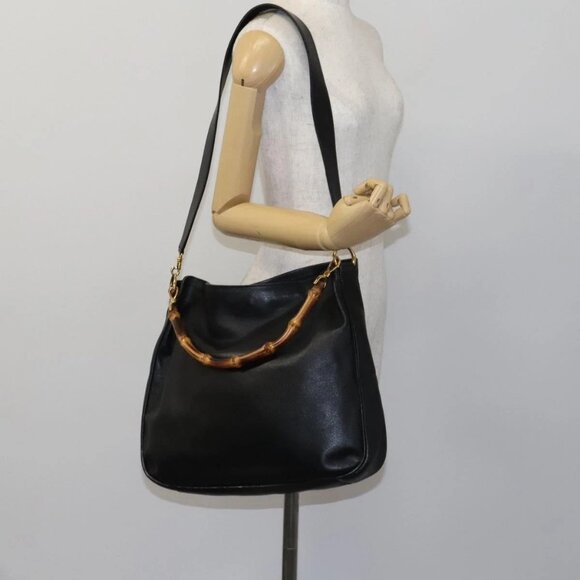 GUCCI Bamboo Hand Bag Leather 2way Black Gold Auth - Picture 15 of 16